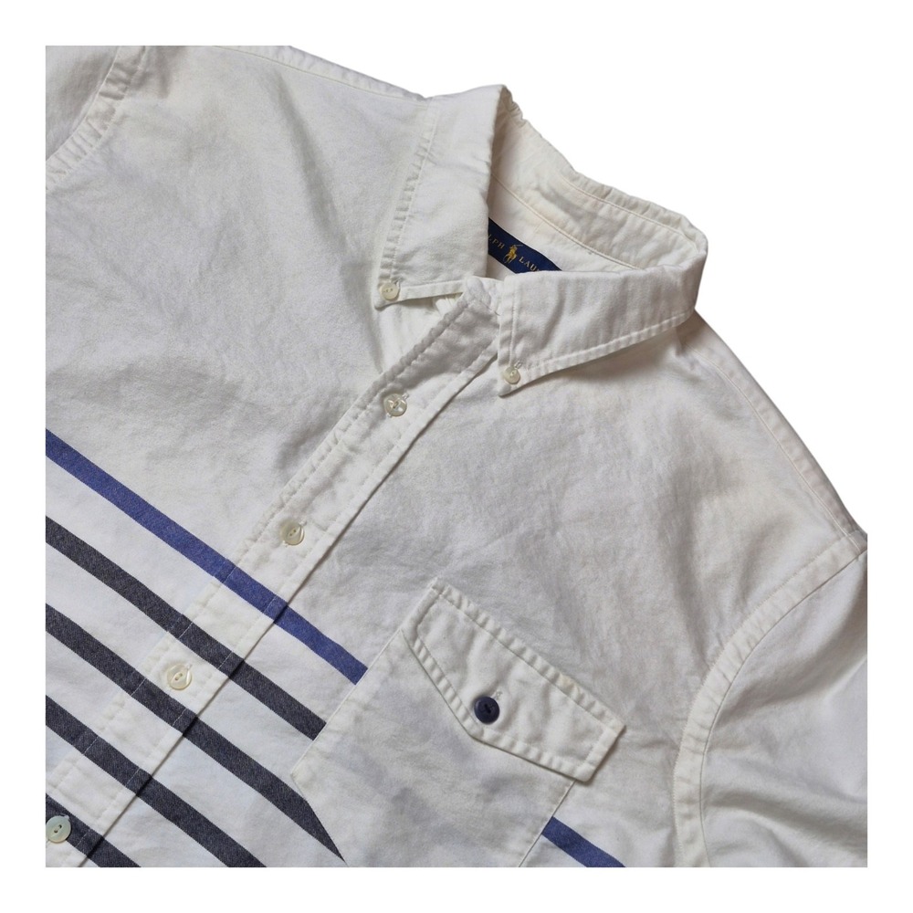 Ralph Lauren Mens XL White Blue Stripe Cotton Button Up Shirt Nautical Anchor